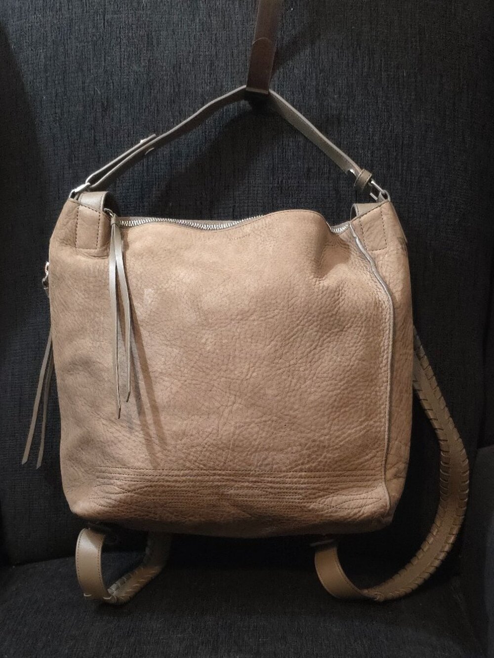 All Saints Kita Taupe Suede Leather Top Handle Woman's Backpack